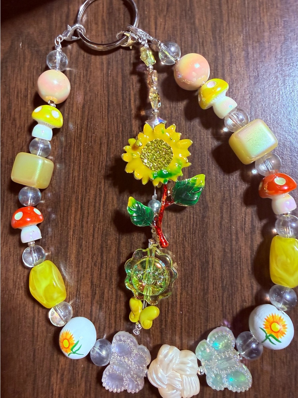 Handmade Sunflower Charm Beaded Keychain - Yellow Floral Accents